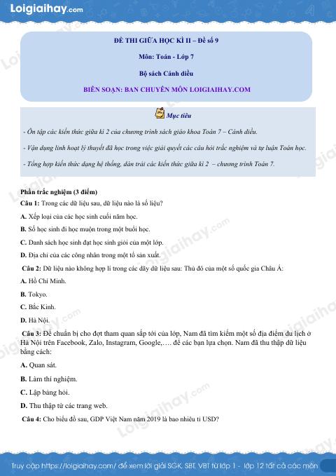 Đề thi giữa kì 2 Toán 7 Cánh diều - Đề số 9